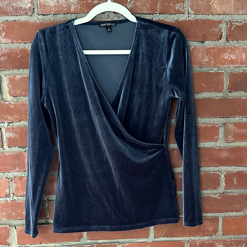 J. Crew velvet wrap long sleeve top.